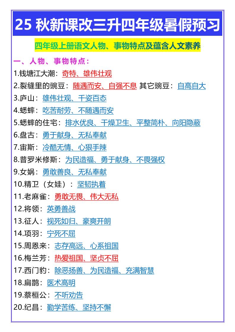 【2025秋新版】四年级上册语文人物、事物特点及蕴含人文素养-ABC库