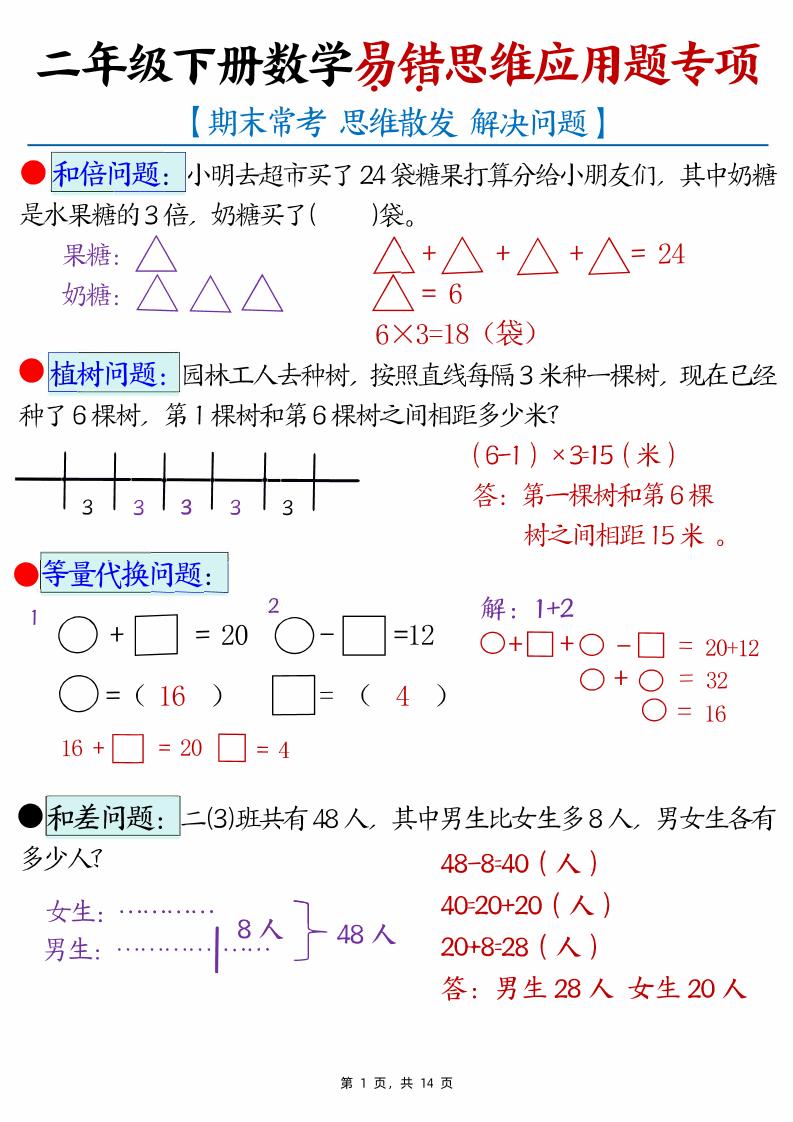 二下数学易错思维应用题专项（28道母题）练习+答案版14页-ABC库