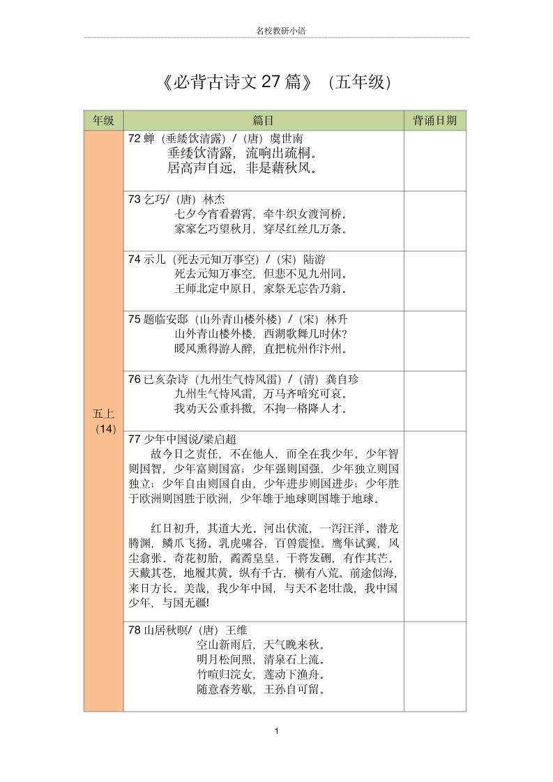 五年级古诗文背诵记录表-五上语文-ABC库