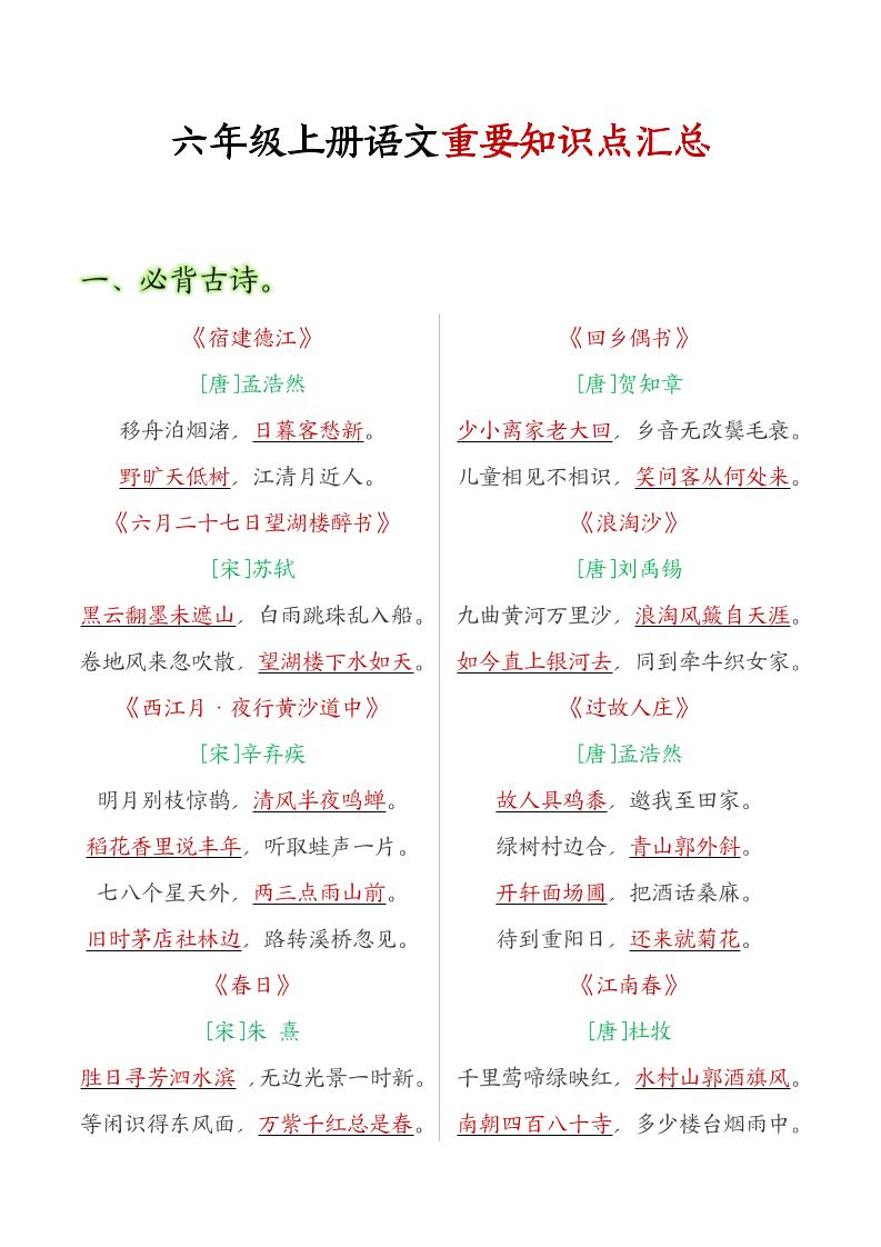 六年级语文上册全册重点知识点汇总-ABC库